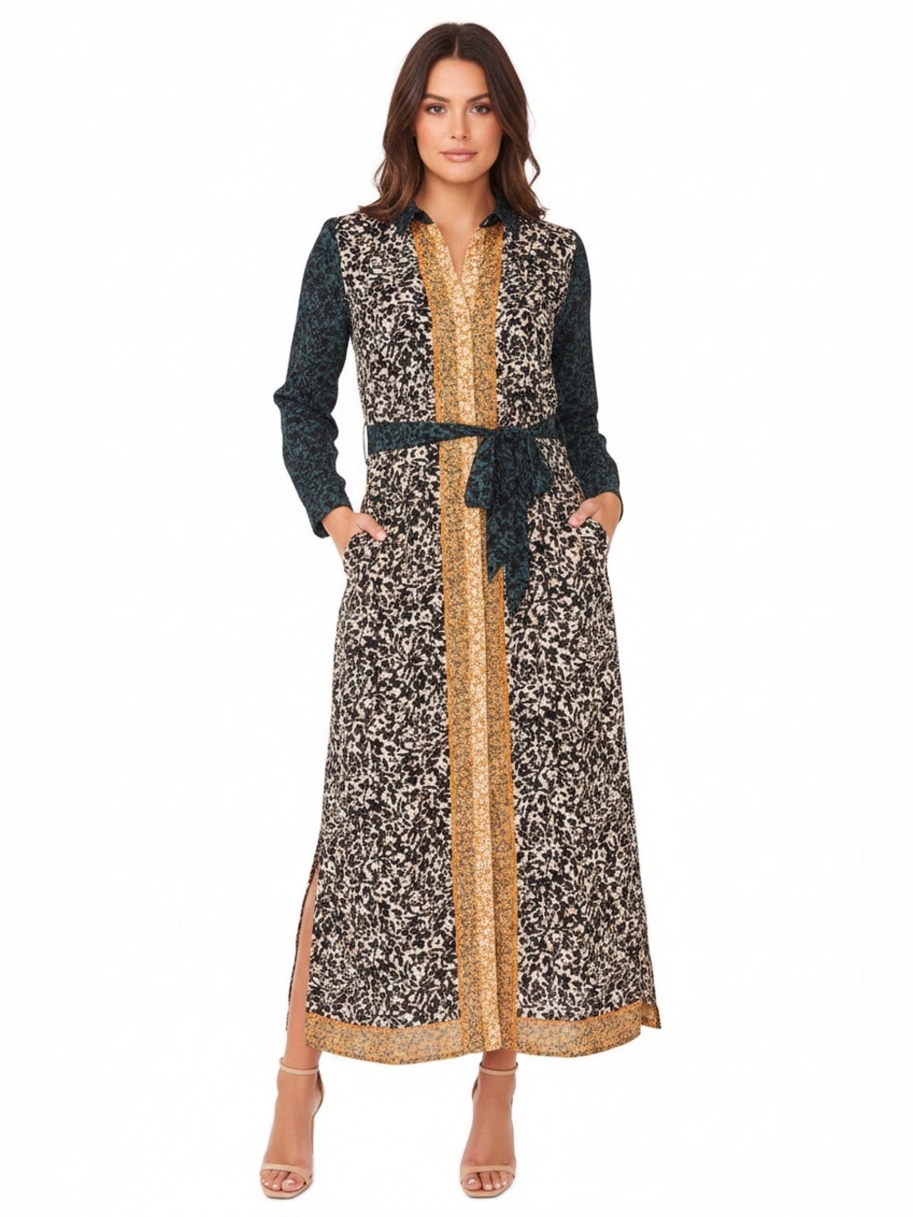 Maxi Shirt Dress with Gold Trim and Dark Teal Belt